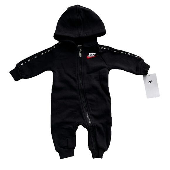 Nike Swoosh Baby 0-3 Months One Piece Hooded Coverall Full Zip Bodysuit Black 3M - Picture 1 of 7